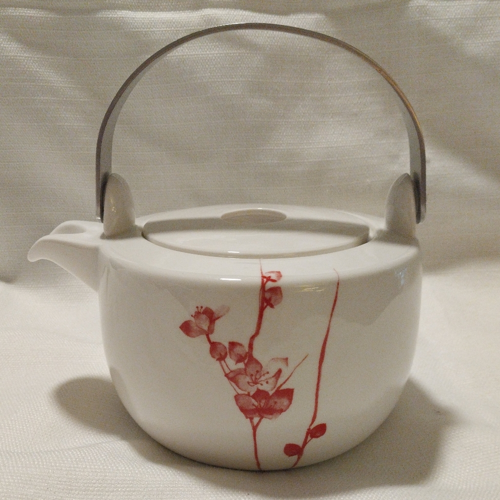 Crate&Barrel White & Red Cinnabar Floral Porcelain Teapot